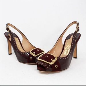 Salvator Ferragamo peep toe Burgundy and gold. patent and suede material